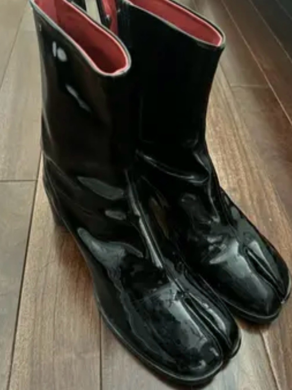 Maison Martin Margiela Black Patent Split-Toe Ankle Boots with Red Lining